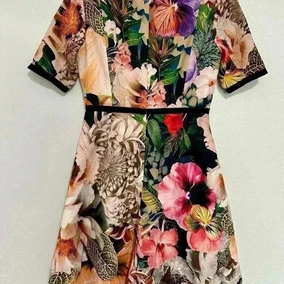 Ted‎ Baker London Floral Midi Dress Black Trim Short Sleeve A-Line Size 1 - Picture 4 of 5